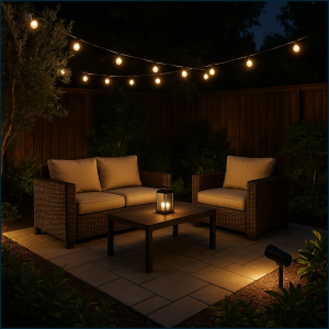 Cozy outdoor seating with string lights